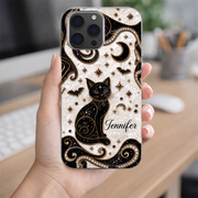 LovoraGift™ Personalized Black Cat & Moon Glass Phone Case – Custom Name Halloween Gift