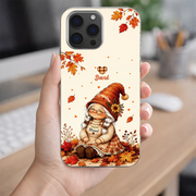 LovoraGift Personalized Autumn Gnome Grandma Glass Phone Case – Fall Leaves Custom Name Protective Phone Cover