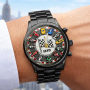 LovoraGift Personalized Men Wrist Watch – Custom Name Racing Car Track Design Gift