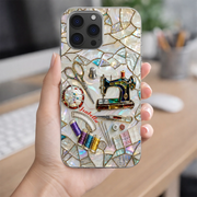 LovoraGift Personalized Sewing Phone Case – Custom Name Vintage Sewing Machine Glass Phone Case