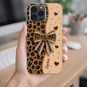 LovoraGift™ Personalized Black & Gold Bow Phone Case – Custom Name Sparkle Heart Gift for Her
