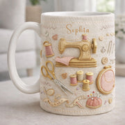 LovoraGift Personalized Sewing Mug – Custom Name Embroidery Style Sewing Machine Design Gift