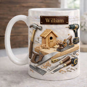 LovoraGift Personalized White Mug – Custom Name Carpenter Workshop Tools Design Gift