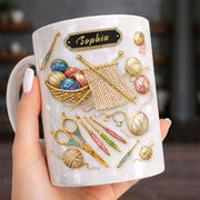 LovoraGift Personalized White Mug – Custom Name Knitting Lover Gift | Yarn & Crochet Tools Design
