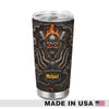 A stainless steel travel tumbler with a clear lid, featuring a custom graphic of a flaming skull over an engine design. The name 'Michael' is printed in yellow near the bottom.