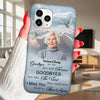 Phone case with a personalized design of an elderly woman, text, and a dove, held by a person indoors.